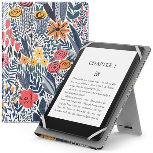MoKo Universal Case for 6,6.8,7 eReaders Tablet- Kobo/Voyaga/Lenovo/Sony E-Book Tablet, Lightweight PU Leather Folio Shell Cover Case, with Hand Strap/Kickstand, Blue Leaf Flower