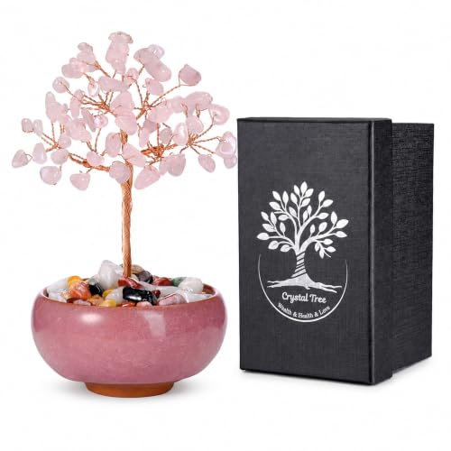 CrystalTears Rose Quartz Crystal Tree Copper Wire Wrapped Gemstone Tree Life Feng Shui Money Tree Pink Handmade Stone Tree for Home Office Decor Crystal Gifts for Christmas Birthday Good Luck