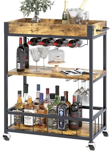 Huhote Carrito de servir, carrito de cocina, carrito de bar con ruedas, carrito de vino con soporte para botellas, 3 niveles, carrito de bebidas para salón, comedor, cocina, bar, fiesta, marrón, grano
