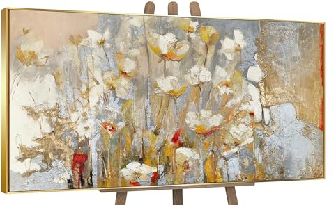YS-Art Cuadro enmarcado hecho a mano El aroma de la primavera Pintado en acrílico Flores blancas margaritas Decoración de pared modern 100x50 cm
