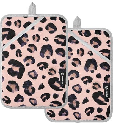 KLL Pot Holders Sets, 2 Pack Heat Resistant Potholders with Pockets Oven Hot Pads for Kitchen Oven Pad, 9.8x7 Snow Leopard Black Gray Beige