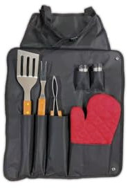 Set 7 pezzi Attrezzi per Barbecue BBQ con Grembiule Forchettone Paletta Pinza Presina Coppia Sale Pepe Accessori per la Cottura in Metallo e Legno