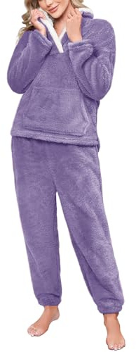 Yuson Girl Pijama Mujer Invierno de Forro Polar Cálida y Suave Conjuntos de Pijamas Dos Piezas Manga Larga Calentito Polar Pjs con Pantalones Talla Grande Pijama Señora con Bolsillos(Violeta, S)