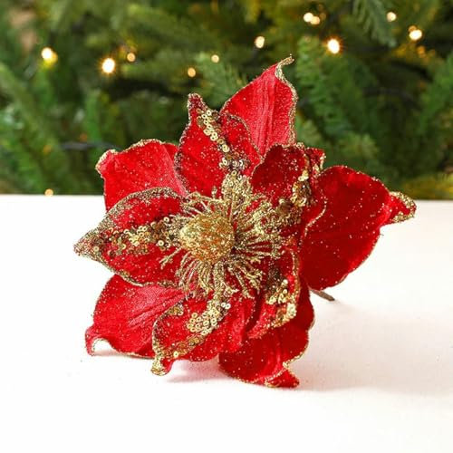 1 Stück Simulation Weihnachtsblume Glitzerpuder Pailletten Mehrschichtiges Netztuch Gefälschte Blumen Für Weihnachtsbaum Kranz Vase Dekor-Rot