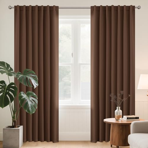 Joydeco Schlaufen Verdeckten Vorhänge 2er Set,H 175 x B 140 Braun Verdunkelung Blackout Blickdicht Kurze Polyester Vorhang Stangendurchzug Gardinen Schlafzimmer Wohnzimmer Curtains