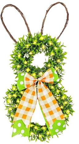 Skeadex Osterkranz Haustür LED Kranz Türkränze Hase Künstliche Osterkranz Tür Hanged Osterdeko Tür Ostern Hase Kranz mit LED Licht Türkranz Frühling für Haustür Wand Torbogen (02)