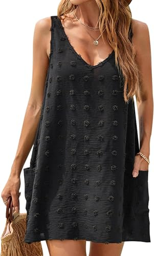 BUNSLOOM Sommarklänningar dam Swiss Polka Dot Beach Cover Up V-ringad tankklänningar med fickor, svart, XXL