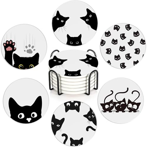 Cute Black Cat Set of 6 Coasters Absorbent Ceramic Drink Mats with Cork Base & Metal Holder, Spill Protectors for Mugs/Cups, Cheerful Home/Bar Decor