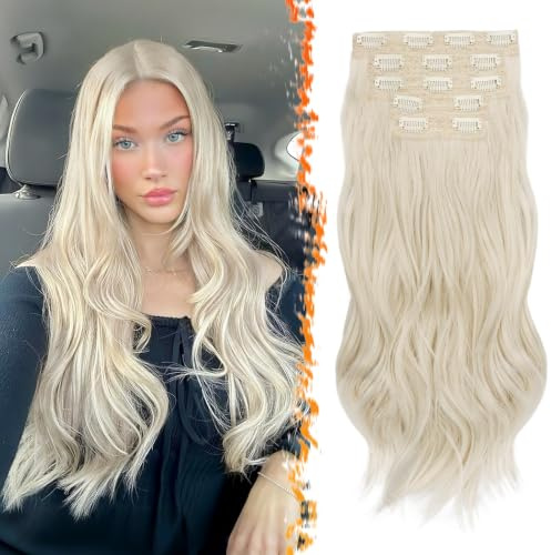 BARSDAR Clip in Extensions, 50cm Wellige Clip in Perle Platinblond Haarverlängerungen für Frauen 5PCs Voller Kopf Haar Natürliches Look Synthetisches Haarteil Haarextension
