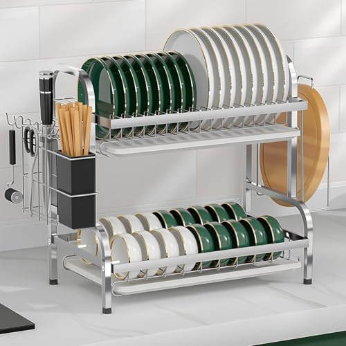 devesanter Abtropfgestell Geschirr 2 Etagen 42CM Multifunktionaler Rostschutz Abtropfgestell mit Abnehmbarer Tropfschale Utensilienmesser Schneidebretthalter(Silber
