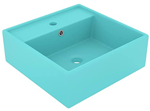 Lavabo da Appoggio Quadrato, in Ceramica con Troppopieno, Design Moderno e Minimalista, Verde Chiaro Opaco per Bagno o Lavanderia, 41 x 41 cm