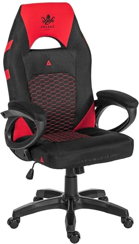 KRAKEN CHAIRS Chaise de Gaming en Tissu - Noir Rouge - Fauteuil Gamer Confortable Ergonomique - Charge maximale: 130 kg - Chaise Bureau Pivotante Ergonomique - Siege Gaming - Siege de Jeu