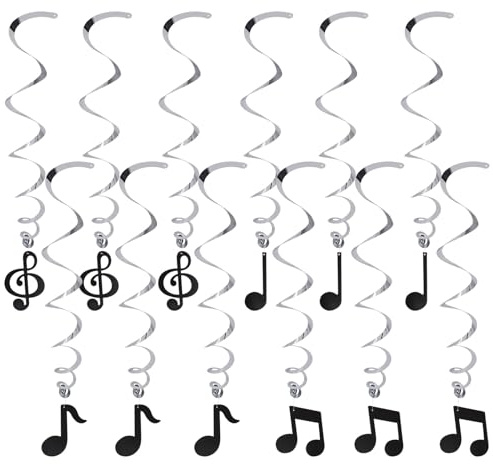 12 Stück Wirbel Musik Deko, Hängende Musiknoten Spiralen Dekorationen | Musiknoten Dekoration Spiralen, Party Dekorationen Banner, für Konzerte, Hochzeiten, Familienversammlungen, Schwarz, Silber