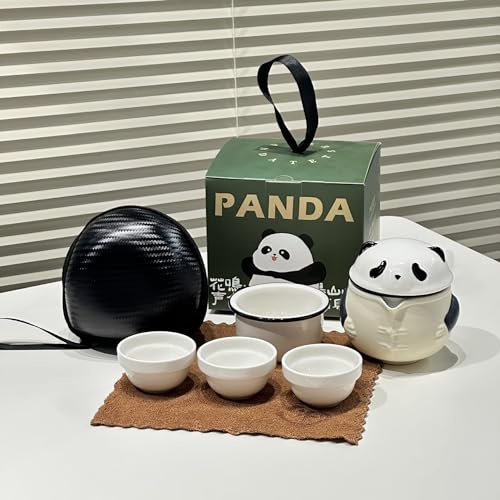 Hosoncovy Travel Tea Set, Gongfu Tea Cup with Portable Bag, Ceramic Panda Teapot with 3 Ceramic Teacups,a Tea Strainer (White)