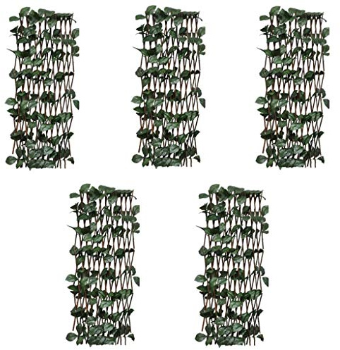 Foknhdi Valla de mimbre con enrejado y hojas artificiales, 5 unidades, 180 x 60 cm, resistente a la intemperie, valla de alambre extensible para flores, balcón y terraza
