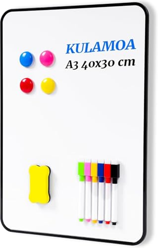 Tableau Blanc Magnetique 40x30cm, A3 Tableau Blanc Double Face avec 6 Stylos Marqueurs et Effaceur, Effaçable à Sec Tableau Aimanté Frigo pour Mémo, Plannings de Repas, Notes, Cuisine Liste
