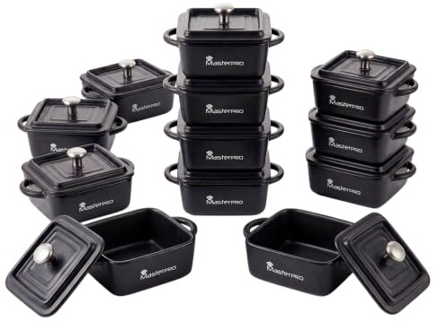 MasterPro Cook & Share - Mini Cocotte Cuadrada con Tapa de 13.5 x 10.6 x 4.5/6.5 cm, Ideal para Compartir, Gres con Interior y Exterior Esmaltado en Negro, Apta para Lavavajillas y Horno, Juego de 12