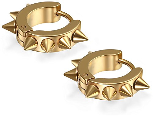Flongo Ohrringe, Edelstahl Creolen Gestüt Stecker Ohrringe Ohrstecker Ohrhänger Fake Tunnel Fake Plug Gold Golden Schwarz Blau Spitze Nieten Ahle Taper Punk Rock Hip-Hop Herren, Damen