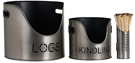 Hill 1975 Log's & Kindling Buckets + Matchstick Holder In Aged Pewter