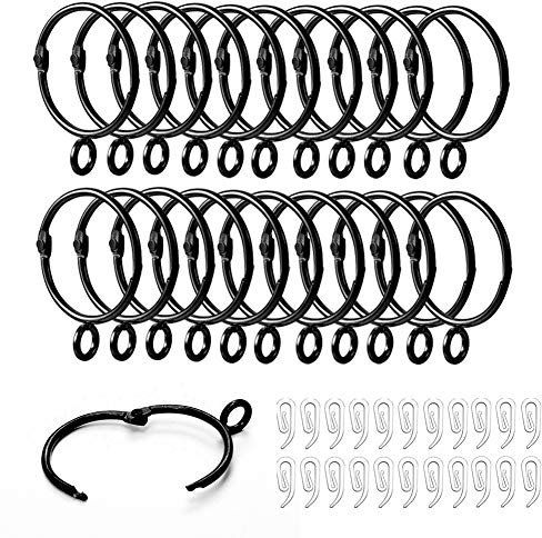 Curtain Rings and Hooks, 22 pcs 38mm Internal Diameter and Plastic Curtain Hooks, The Can Be Opened and Closed，for Hanging Rings Curtains and Rods (Black-22 Pcs)