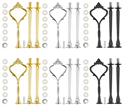 6 Set Cake Stand Fittings Kits Tiered Tray Hardware for Wedding Party Making Resin Cupcake Dessert Platter Serving Stand (Gold, Silver, Black) | Zinc Alloy, Rust-Resistant, Easy Assembly, Fixed 3-Tier, for Wedding & Party (Gold/Silver/Black, L）