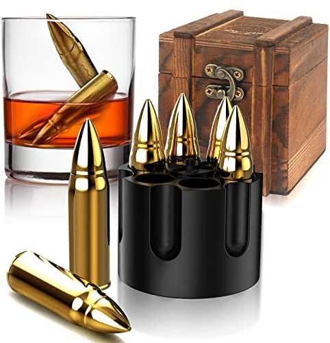 Chouggo Bullet Whiskey Stones with Vintage Wooden Case, Stainless Steel Ice Cubes, Whiskey Gift Set for Men, Dad, Husband, Boyfriend
