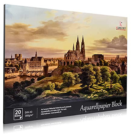 KUNSTIFY Aquarellpapier A3-20 Blätter Aquarellblock - 300g/m² dickes Aquarellpapier - Acrylpapier oder Watercolor Paper für Aquarellfarben (DIN A3-20 Blatt)