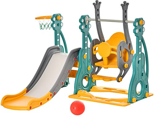 HOMCOM Tobogán Infantil con Columpio y Canasta de Baloncesto 3 en 1 para 18-36 Meses con Asiento Ajustable Parque Infantil para Interior y Exterior 152x149x107 cm Multicolor