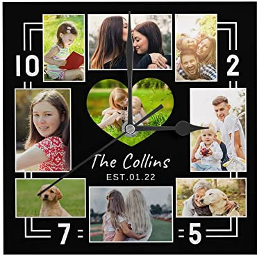 Personalised Photo Wall Clock with Picture Text, Customized Square Clock Print for Couples, Newlyweds, Friends, Family - Birthday, Wedding, Valentine's Day