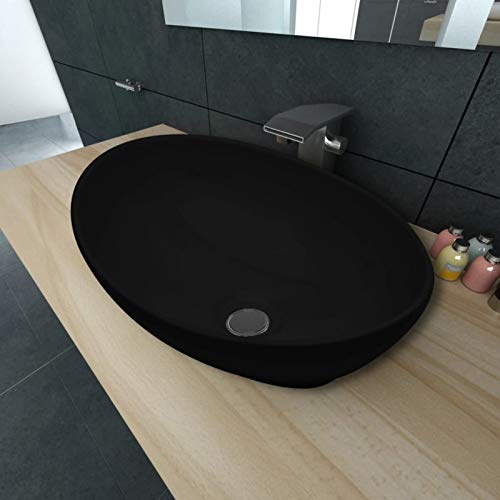 MOONAIRY Keramik Waschtisch Waschbecken, Aufsatzwaschbecken, Waschtisch, Washbasin, Waschschale, Waschbesen, Aufsatzbecken, Aufsatzwaschbecken, Oval schwarz 40 x 33 cm