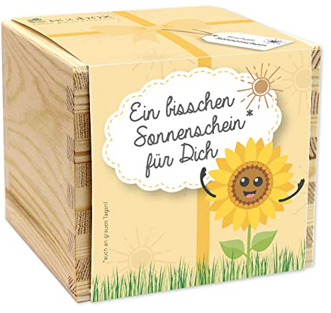 Feel Green - WE CREATE NATURE ecobox, Sonnenblume Ein bisschen Sonnenschein für Dich, Pflanzen Aus Der Holzbox 11x11x10cm, Made in Austria, Nachhaltige Geschenkidee, Grow Your Own/Anzuchtset