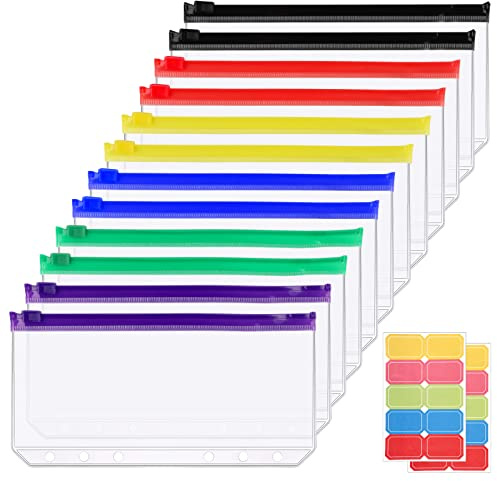 A6 Binder Taschen, 12 Geldumschläge Wasserdicht, 6 Löcher Budget Planner | Durchsichtige Geld Umschläge mit Zipper, für Cash Stuffing, Geld, Kleine Unterlagen