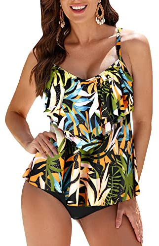 WIN.MAX Costume da Bagno Tankini da Donna Set Vita Alta Volant Volant 2 Pezzi Bikini Set Costume da Bagno Plus Size Costume(Foglie Tropicali,EU42)