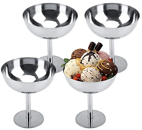 Hapivida Ice Cream Cup, 4Pcs Stainless Steel Serving Dessert Bowls Cups Sauce Bowls Mini Round Footed Yogurt Snack Candy Cups for Salad Fruit Pudding Birthday Party