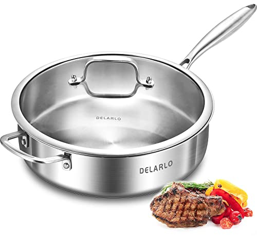 DELARLO Tri-Ply Stainless Steel Frying Pan,12 inch Skillet with Lid,6 Quart Saute Pan,Compatible with All Cooktops,Oven Up to 660℉,Chicken Fryer,Dishwasher-Friendly