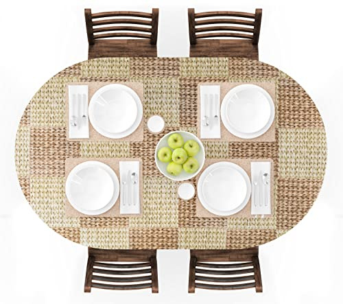 UMINEUX Oval Fitted Vinyl Tablecloth with Elastic Edged & Flannel Backing, Waterproof Wipeable Oval Table Cover - Fits Tables up to 42X68 (Wicker)