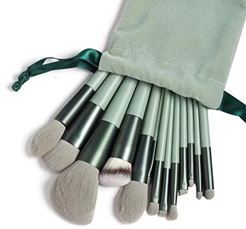 Eowppue Pennelli Make Up Set 13 Pezzi Set Pennelli Trucco Pennelli Make Up Professionali Set Pennelli Trucco Professione Set Viso Occhi Per Fondotinta Cipria Correttore （Verde & Sacchetto DE Flanella）