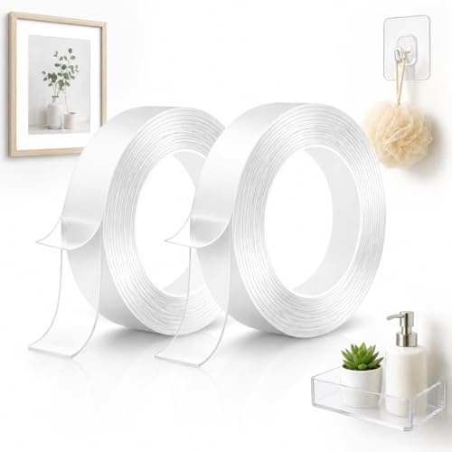 ODLY Double Sided Tape, 5 m x 2 cm x 1 mm Clear Nano Tape, Removable Washable Reusable Gel Adhesive Mounting Tape for Posters, Carpets, Photo Frames & Home Office (2 Rolls)