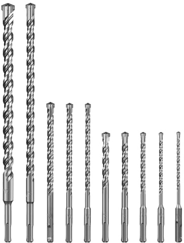 SALI SDS Plus Rotary Hammer Drill Bit Set 10PCS Cross Drill Bits Double Thread 4-Cutter Tungsten Carbide Tip for Concrete,Brick,Cement Walls,Stone,5/6/8/10/12mm x160mm,8/10/12mm x210mm,16/20mm x350mm