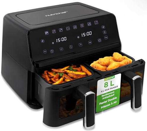 NutriChef Airfryer med Dubbla Korgar 8,3 L – Digital Luftfritös utan Olja för Familjer, Transparenta Fönster, 9 Förinställda Program, 360° Varmluftscirkulation, 4,15 L per Korg