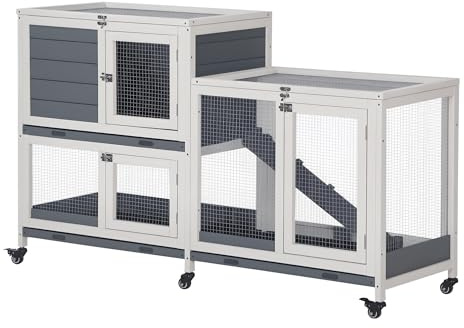 PawHut Clapier à Lapin en Bois sur roulettes 147 x 45,5 x 88,5 cm Gris