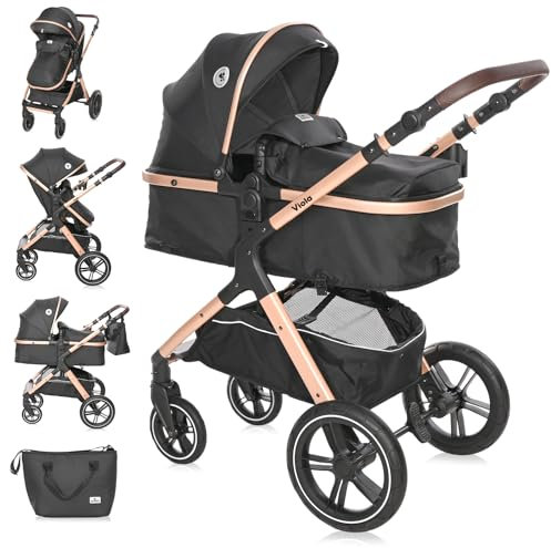 Lorelli Viola Kinderwagen 2 in 1, Umwandelbar in Sportsitz, Baby Kombikinderwagen bis 22kg, Zusammenklappbar, Große Gummireifen, Großer Einkaufskorb, Fußsack, PU Leder, Organizer Tasche, Schwarz