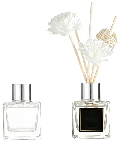2 botellas difusoras pequeñas de vidrio transparente de 50 ml, recargables, minimalistas, de vidrio, aromaterapia, jarrones de flores, accesorios de fragancia para decoración del hogar y la oficina