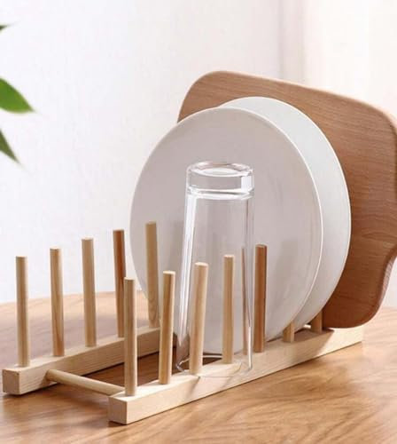 Support pour assiettes de cuisine - Egouttoir à assiettes en bois à 6 colonnes et 5 grilles - Porte assiettes en bois - organisateur pour assiettes, tasses, couvercles - range-assiettes 24 cm