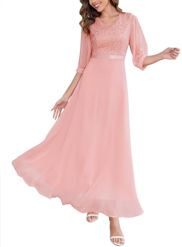 Wedtrend Aftonklänning, elegant för bröllop, V-ringad, chiffong, cocktailklänning för kvinnor, lång examensklänning med delade ärmar, halvlånga ärmar, spetsklänning med paljetter, Blush, 3XL