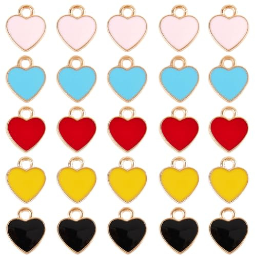 SUNNYCLUE 1 Box Mit 100 Stück Emaille Herzanhänger Kleine Liebesanhänger Schwarz Rot Rosa Goldfarbene Legierung Valentinstags Herzenanhänger Zur Schmuckherstellung Anhänger Basteln Halsketten Ohrringe