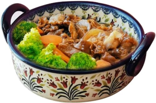 HISMPSOBN Porcelain Ceramic Soup Noodle Bowl，French Onion Soup Bowl 33oz Retro Ceramic Soup Bowl with Handle Suitable for Barbecue Salad Oat Stew Pasta Bowl(Tulip)