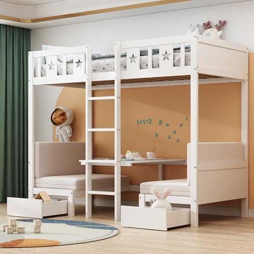 MOBETTRES Etagenbett 200 * 90 cm, Bett/Schreibtisch 2 in 1, selbst gepolstert, mit Zwei großen Schubladen, Bettgestell mit Leiter, Holzbett, Kinderbett (Weiß)