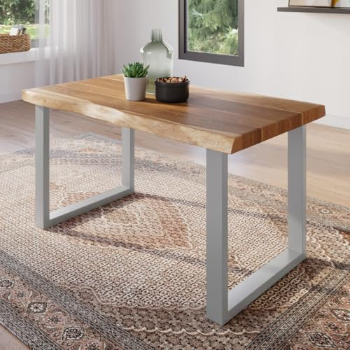trelevo Esszimmertisch 140x80 cm, Akazienholz massiv, Tischplatte naturfarben, echte Baumkante, U-Gestell Silber, Baumkantentisch