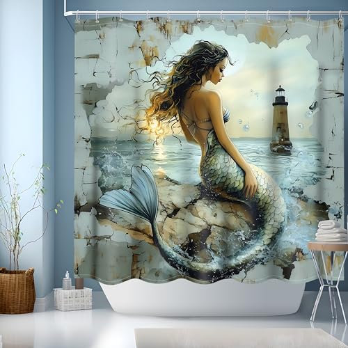 Cortina Ducha 180x180 cm,Cortina de Ducha Originales,Cortinas de Baño Modernas con 12 x Ganchos,Cortina Bañera con Dobladillo Ponderado,Sirena